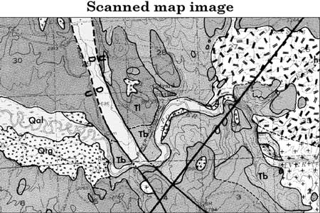 Image of part of a published geologic map. Raster scanning yields a high resolution image which then is georeferenced and projected prior to vectorizing the linework (image projection performed using Blue Marble Geographics software). For a more detailed explanation, contact Paul Staub at paul.staub@state.or.us.