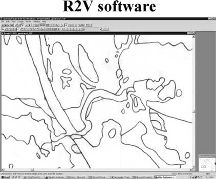 Image of the traced/vectorized linework from the geologic map shown in Figure 2. Conversion to vector format is done through on-screen digitizing or through use of R2V software (Able Software Corp.). For a more detailed explanation, contact Paul Staub at paul.staub@state.or.us.