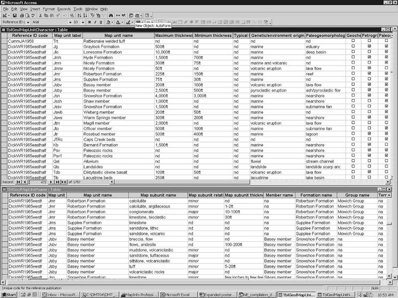 Screenshot of two of the Oregon Pilot method’s Microsoft Office Access database tables, showing the typical data entry method and language. For a more detailed explanation, contact Paul Staub at paul.staub@state.or.us.