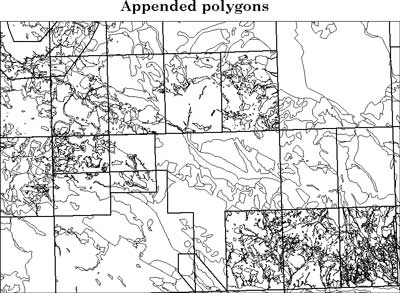 Screenshot of polygons appended from various source maps into the draft digital compiled map. Bold, rectangular lines are the neatlines of original geologic maps. Fine lines are appended polygon boundaries. For a more detailed explanation, contact Paul Staub at paul.staub@state.or.us.