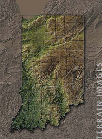 Surface Terrain of Indiana from IGS Poster 5. In this image, the revised digital elevation model has been exported from ESRI ArcView and brought into Adobe Illustrator/Avenza MapPublisher (http://www.avenza.com/main.html) and Adobe Photoshop for enhancement. For a more detailed explanation, contact Robin Rupp at rrupp@indiana.edu.