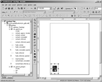 Export the map from ArcMap, at a specified scale, to EPS or to Adobe Illustrator. In the Data View (top left image), click the Full Extent (Globe button) so that map is zoomed out. Then click the Layout View (second row left image). Click 'File greater than Page Setup'. Choose plotter, paper size, and orientation of page (upper right image). Also deselect the Scale map to page size box, or the map will not be a true scale. If the frame of the map is small, click the corner with the arrow tool and drag it to the larger size (bottom row left image). Then specify map scale in the box at the top. Click 'File greater than Export', and name the file for exporting (bottom row right image). From the drop list, choose the type of file (here, Illustrator). Click the Export button. The file will be created, and should open in Adobe Illustrator. If this doesn't work well, try other formats for exporting. For a more detailed explanation, contact Karen Wheeler at kwheeler@usgs.gov.