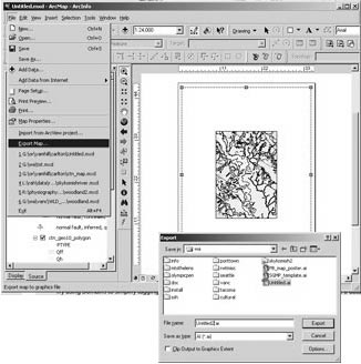 Export the map from ArcMap, at a specified scale, to EPS or to Adobe Illustrator. In the Data View (top left image), click the Full Extent (Globe button) so that map is zoomed out. Then click the Layout View (second row left image). Click 'File greater than Page Setup'. Choose plotter, paper size, and orientation of page (upper right image). Also deselect the Scale map to page size box, or the map will not be a true scale. If the frame of the map is small, click the corner with the arrow tool and drag it to the larger size (bottom row left image). Then specify map scale in the box at the top. Click 'File greater than Export', and name the file for exporting (bottom row right image). From the drop list, choose the type of file (here, Illustrator). Click the Export button. The file will be created, and should open in Adobe Illustrator. If this doesn't work well, try other formats for exporting. For a more detailed explanation, contact Karen Wheeler at kwheeler@usgs.gov.
