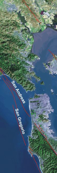 Figure 2.   Landsat TM satellite imagery of the San Francisco Bay Area showing major faults including the San Andreas and San Gregorio Faults.