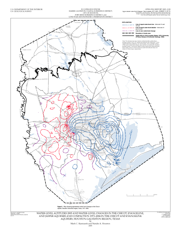 Figure 5. Map showing approximate water-level changes in the Chicot aquifer, Houston-Galveston region, Texas, 1977–2005. 