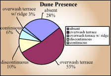 Dune Presence pie chart - absent 28%, overwash terrace w/ ridge 3%, continuous 6%, discontinuous 10%, overwash terrace 53%