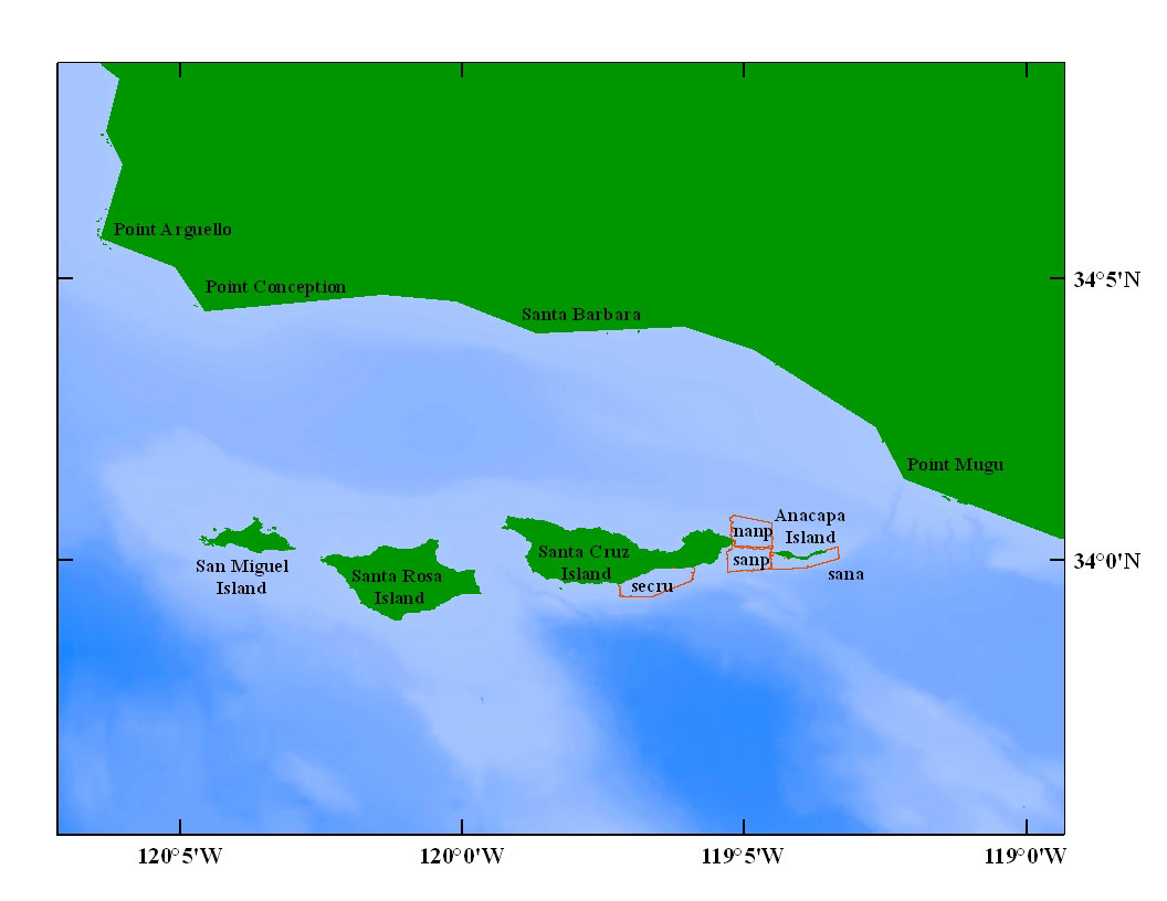 Figure 1. Map showing locations study areas surrounding the Santa Barbara Channel; North Anacapa Passage (nanp), South Anacapa (sana), South Anacapa Passage (sanp), and Southeast Santa Cruz (secru).