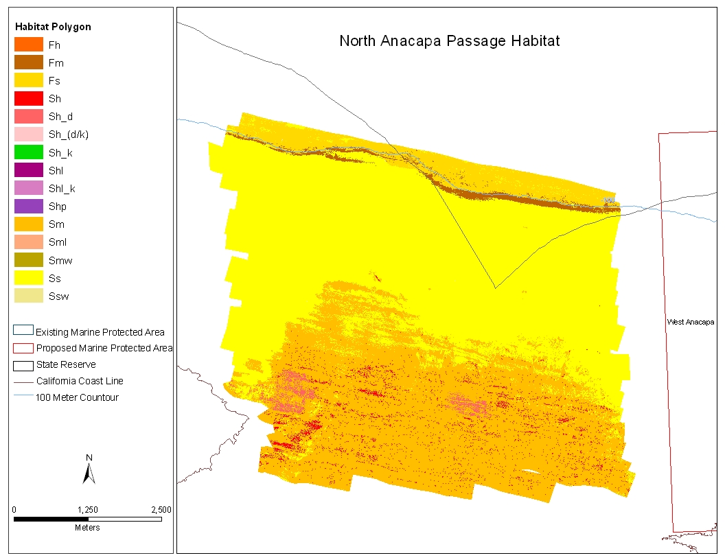 Screen capture from ArcView window showing the color-coded habitats of North Anacap Passage derived from sidescan sonar including reserve boundaries and coastline.