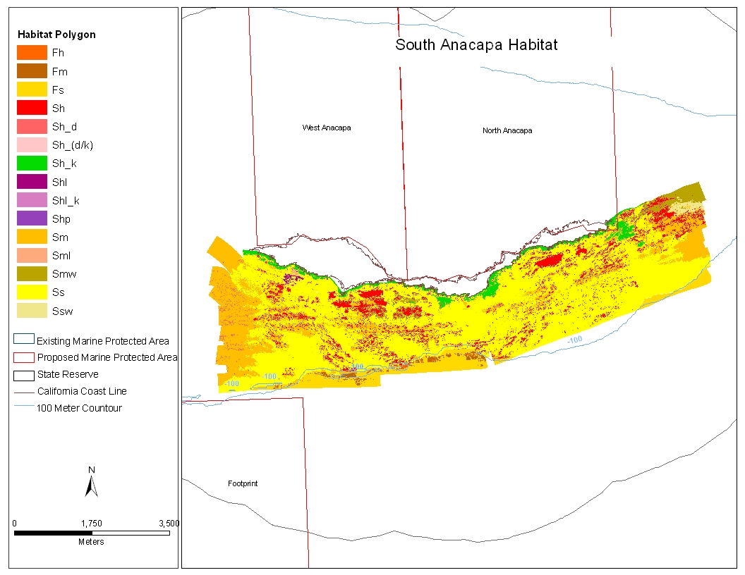 Screen capture from ArcView window showing the color-coded habitats of Sout Anacapa derived from sidescan sonar including reserve boundaries and coastline.