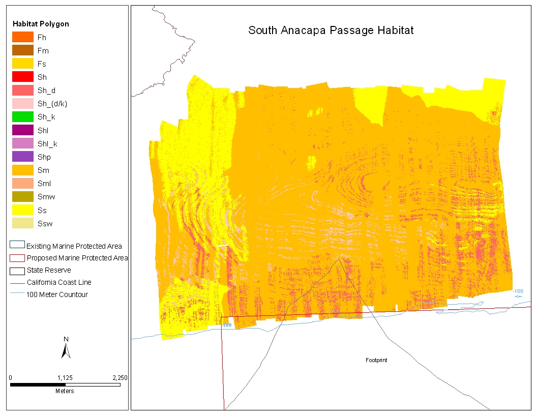 Screen capture from ArcView window showing the color-coded habitats of South Anacapa Passage derived from sidescan sonar including reserve boundaries and coastline.