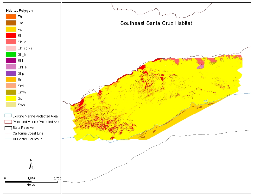 Screen capture from ArcView window showing the color-coded habitats for Southeast Santa Cruz derived from sidescan sonar including reserve boundaries and coastline.