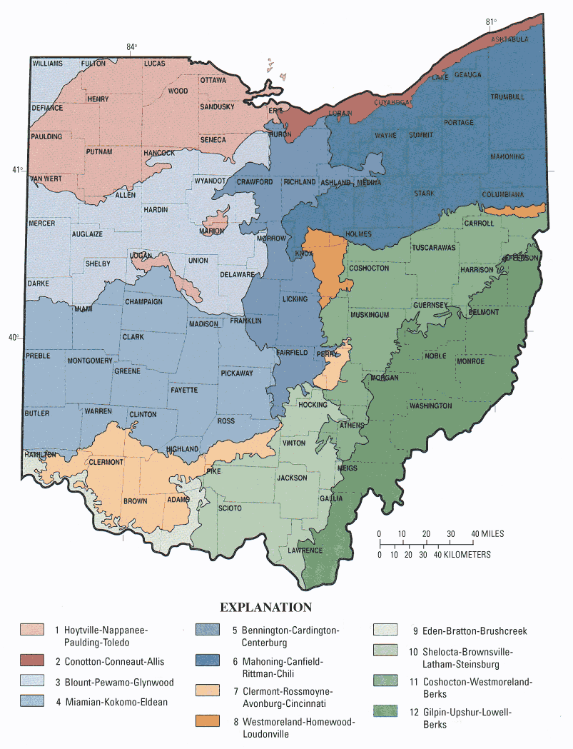 Colorized map showing the soil regions for Ohio.