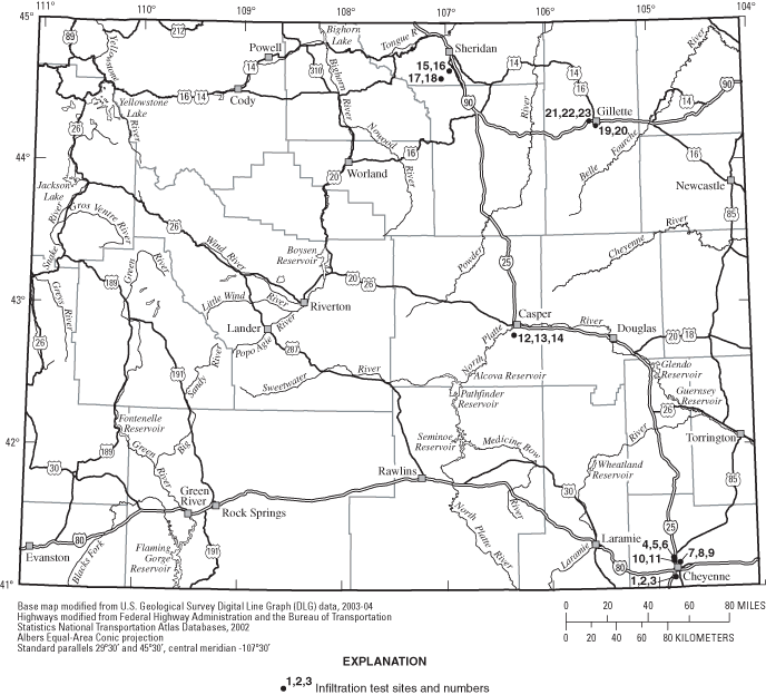 Figure 1. Location of infiltration test sites, Wyoming, 1998-99.