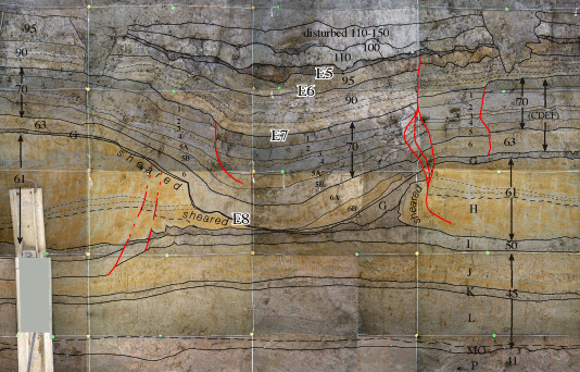 photo of wall of trench showing offsets