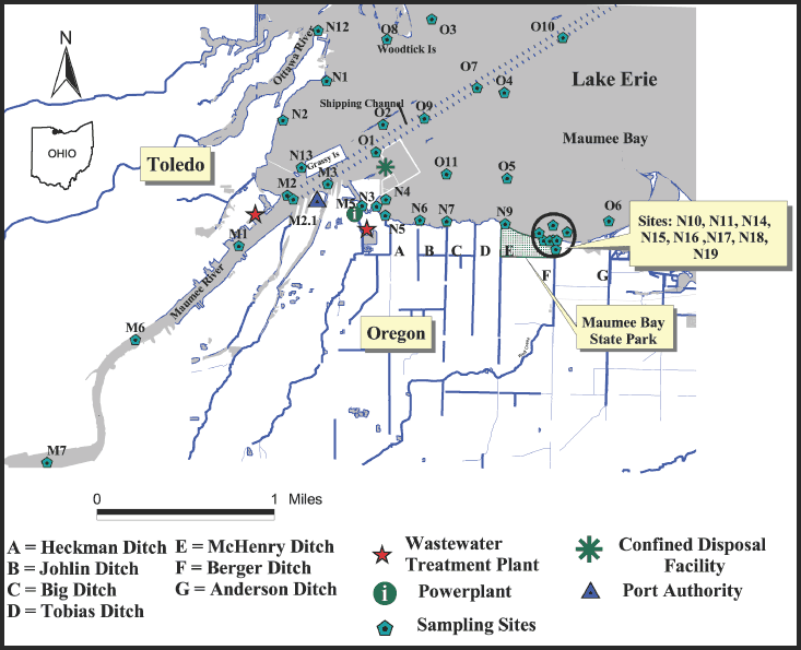 Figure showing study area and sampling sites, Maumee Bay, Lake Eire, Ohio.
