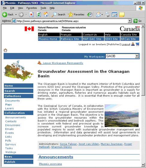 PX home page of the Groundwater Assessment in the Okanagan Basin project