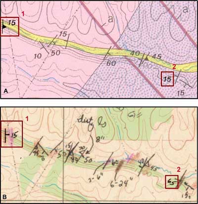 Published map  and the original field map for the same area illustrating two types of discrepancies found