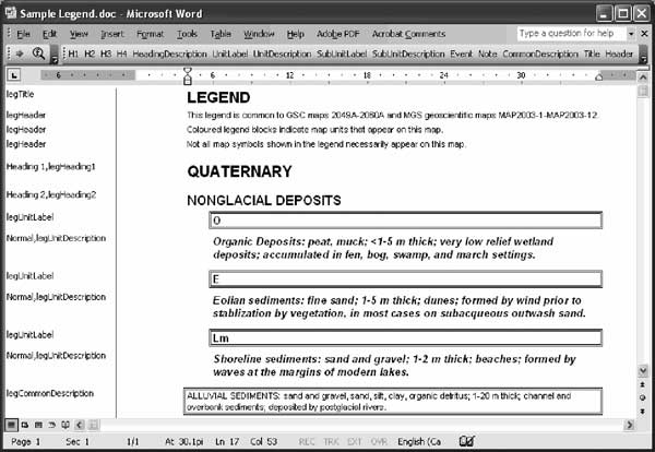 Screenshot of Microsoft Word document, displaying a sample geological legend