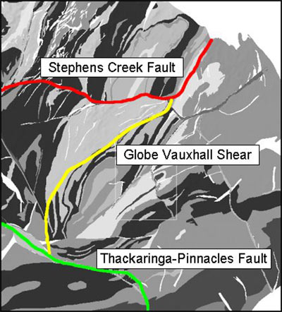 The geology of Broken Hill, showing three of the major shears in the district