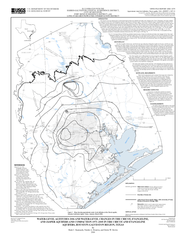 Figure 1. Map showing approximate water-level altitudes in the Chicot aquifer, Houston-Galveston region, Texas, January–March 2006. 