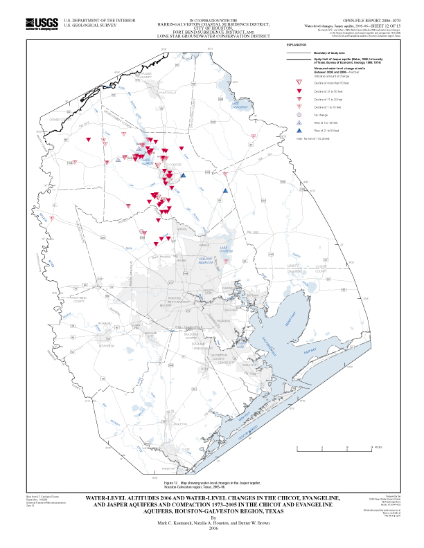 Figure 12. Map showing water-level changes in the Jasper aquifer, Houston-Galveston region, Texas, 2005–06. 