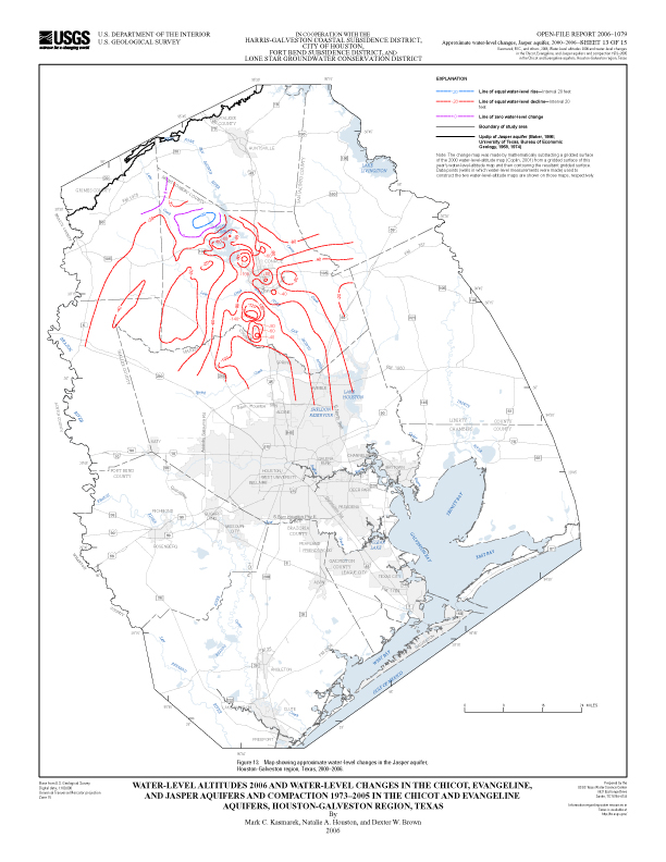 Figure 13. Map showing approximate water-level changes in the Jasper aquifer, Houston-Galveston region, Texas, 2000–06. 