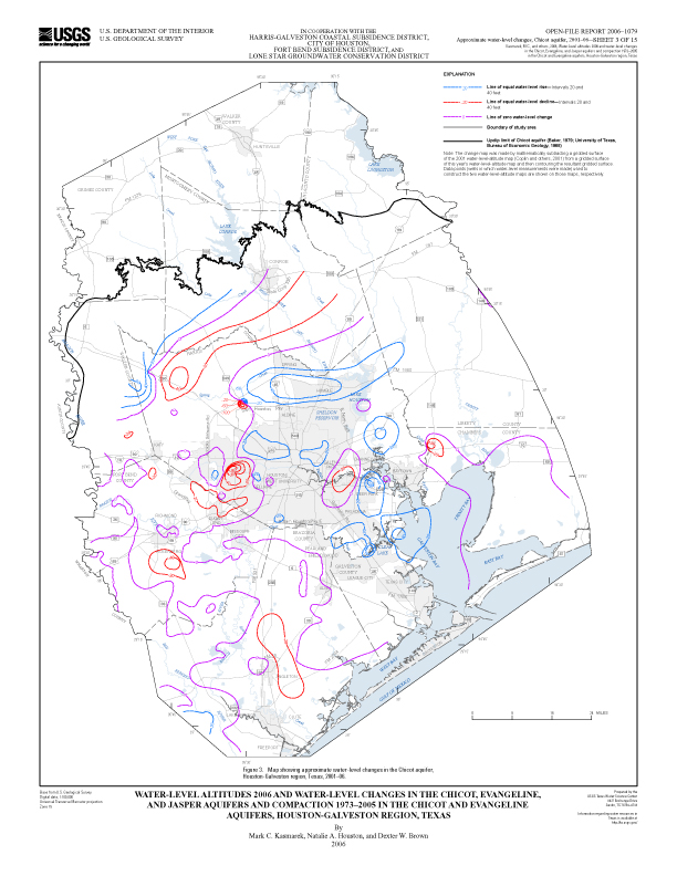Figure 3. Map showing approximate water-level changes in the Chicot aquifer, Houston-Galveston region, Texas, 2001–06. 