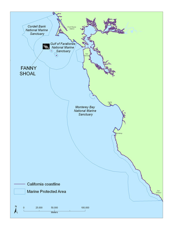 Map showing the location of Fanny Shoals study area in the Gulf of Farallones National Marine Sanctuary and specifically emphasizing the California coastline and Marine Protected Areas (MPA).