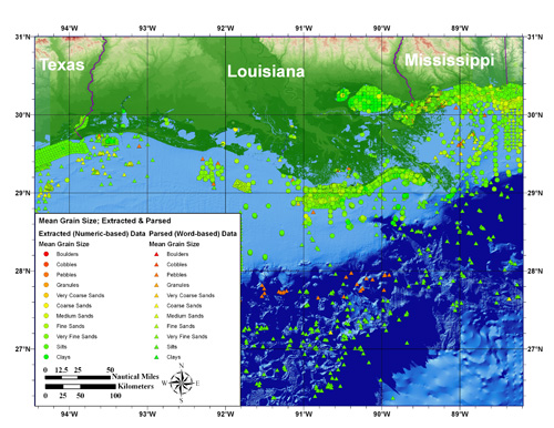Map of the Louisiana shelf region, showing mean grain size data from usSEABED.