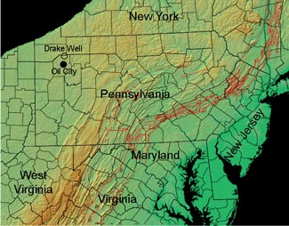 Shaded relief map of the north-central part of the Appalachian Mountains.
