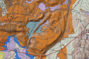A portion of the surficial geologic map of the Ayer quadrangle, shown with semi-transparent shaded relief on a scanned topographic base map.