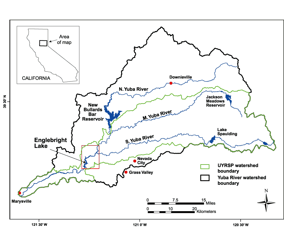 Figure 1. Upper Yuba River Watershed Studies Program (UYRSP) area. Small rectangle around Englebright Lake shows the geographic limits of the maps in this report. (35 KB)