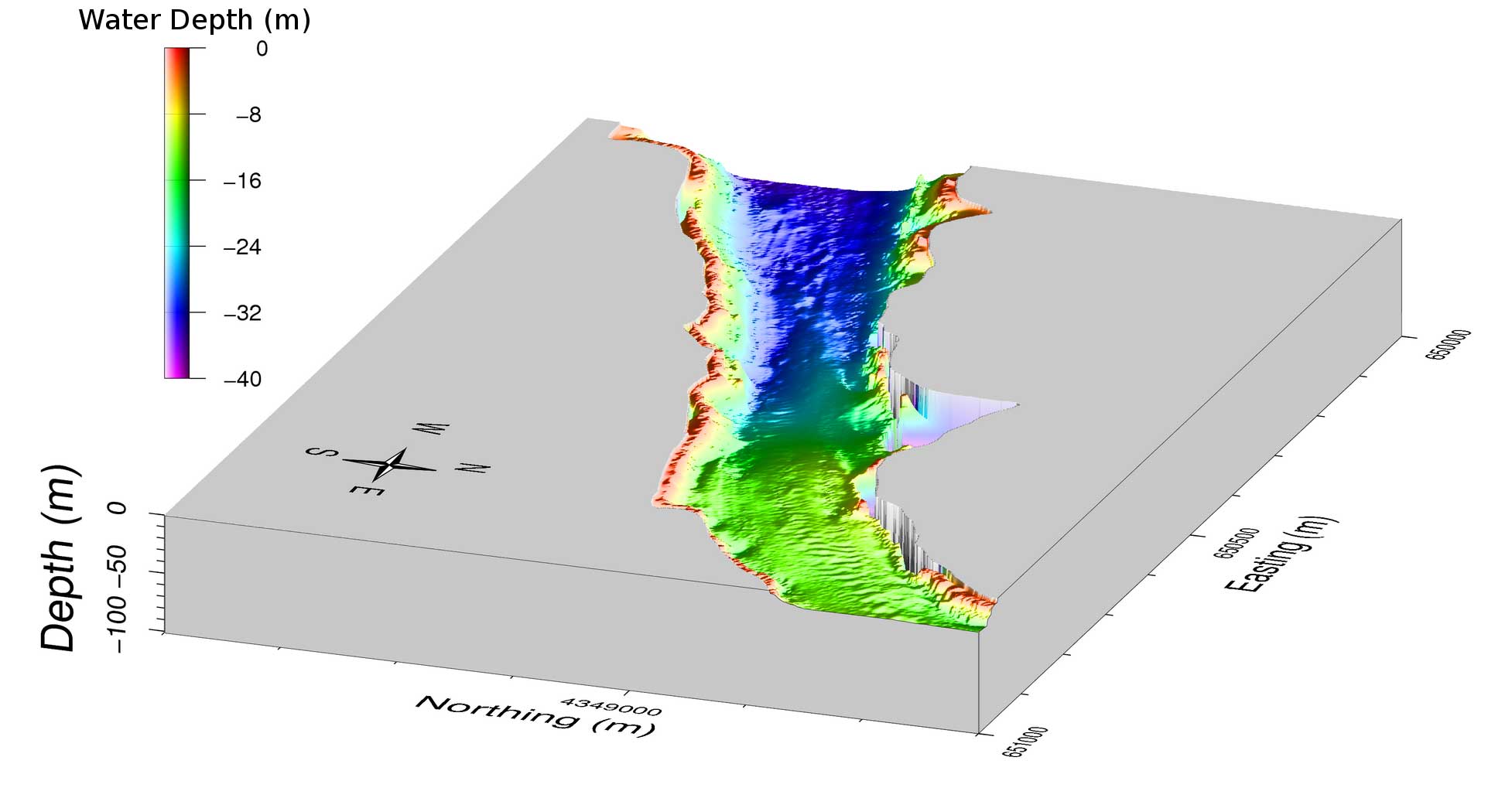 Figure 3. Perspective view of upper sediment delta, viewed downriver. (90 KB)