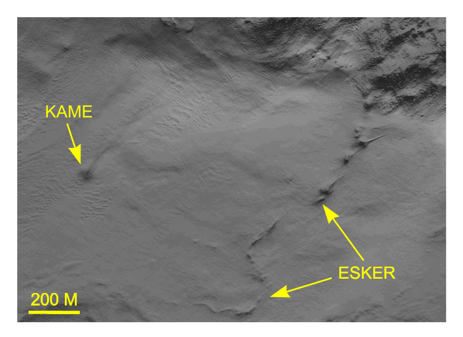 Figure 18.Detailed planar view of the multibeam DTM showing sinuous hummocky ridge interpreted to be an esker, and conical mound interpreted to be a kame.