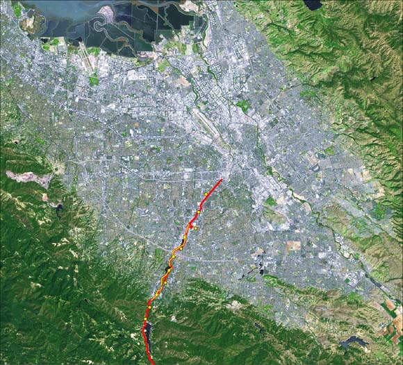 Satellite image of Santa Clara Valley showing the transect running from up in the hills to the south down into about the middle of the valley to the north