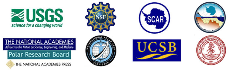 Logos:  USGS, National Science Foundation, Scientific Committee on Antarctic Research, Antarctic Climate Evolution Program, National Academies Press, International Polar Year, USCB, and Stanford University