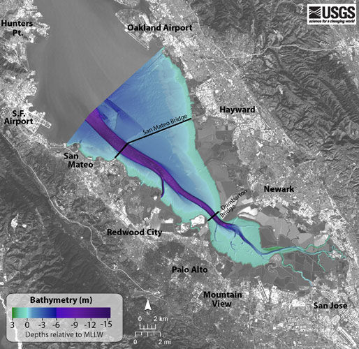 Color-shaded bathymetric relief image of South San Francisco Bay; see caption below.