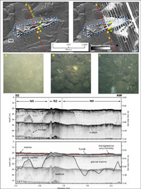 Figure 4.2.Maps showing bathymetry (upper left) and acoustic-backscatter intensity (upper right) in the south-central part of the survey area.The eroded remnants of a large till deposit, probably a drumlin or moraine, represents a discrete Rocky Zone (RZ) surrounded by Nearshore Ramp (NR).Bottom photographs A-C and the seismic-reflection profile (bottom) are indicated by yellow circles and a red line, respectively.The distance across the bottom of the photographs is approximately 50 cm.See Figure 4.1 for location.NR = Nearshore Ramp; RZ = Rocky Zone.A constant seismic velocity of 1500 m/s through water, sediment, and rock was used to convert from two-way travel time to depth