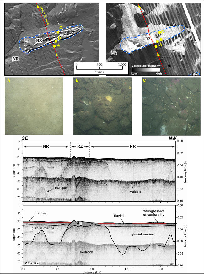 Figure 4.2.Maps showing bathymetry (upper left) and acoustic-backscatter intensity (upper right) in the south-central part of the survey area.The eroded remnants of a large till deposit, probably a drumlin or moraine, represents a discrete Rocky Zone (RZ) surrounded by Nearshore Ramp (NR).Bottom photographs A-C and the seismic-reflection profile (bottom) are indicated by yellow circles and a red line, respectively.The distance across the bottom of the photographs is approximately 50 cm.See Figure 4.1 for location.NR = Nearshore Ramp; RZ = Rocky Zone.A constant seismic velocity of 1500 m/s through water, sediment, and rock was used to convert from two-way travel time to depth.