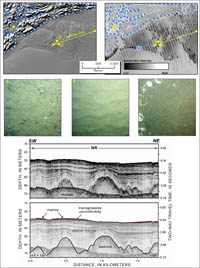 Figure 4.4.Maps showing bathymetry (upper left) and acoustic-backscatter intensity (upper right) in the northwestern part of the survey area.A small Shelf Valley (SV) cuts through a large expanse of Rocky Zone (RZ), adjacent to the relatively smooth, sand- and gravel-covered surface of the Nearshore Ramp (NR).Bottom photographs A-C and seismic-reflection profile (bottom) are indicated by yellow circles and a red line, respectively.The distance across the bottom of the photographs is approximately 50 cm.See Figure 4.1 for location.A constant seismic velocity of 1500 m/s through water, sediment, and rock was used to convert from two-way travel time to depth.