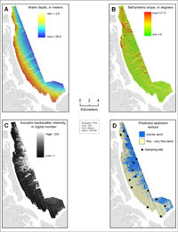 Figure 4.8.Maps of the nearshore area showing the three inputs to the quantitative bottom classification: (A) water depth, (B) bathymetric slope, and (C) acoustic-backscatter intensity.  Map D shows the predicted texture of surficial sediment in the area and the mean grain size of the 14 sediment samples represented by the graph in figure 4.7.Appendix 4 describes the processing flow for the analysis, input data, and functions used to generate this classification.