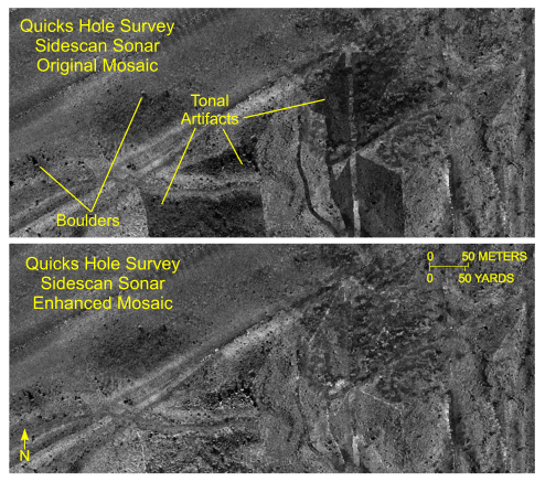 Figure 12. Detailed view of the original (top) and enhanced (bottom) sidescan-sonar mosaics from the northwestern part of the Quicks Hole survey by the National Oceanic and Atmospheric Administration. Note the tonal artifacts in the original mosaic and how removal of the artifacts clarifies the boulder distributions in the enhanced mosaic. Locations of views are shown in figure 10. 