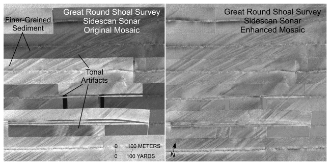 Figure 16. Detailed view of the original (left) and enhanced (right) sidescan-sonar mosaics from the Great Round Shoal Channel survey by the National Oceanic and Atmospheric Administration. Note the tonal artifacts in the original mosaic and how removal of the artifacts accentuates the current-swept character of the sea floor in the enhanced mosaic. Locations of views are shown in figure 14. 