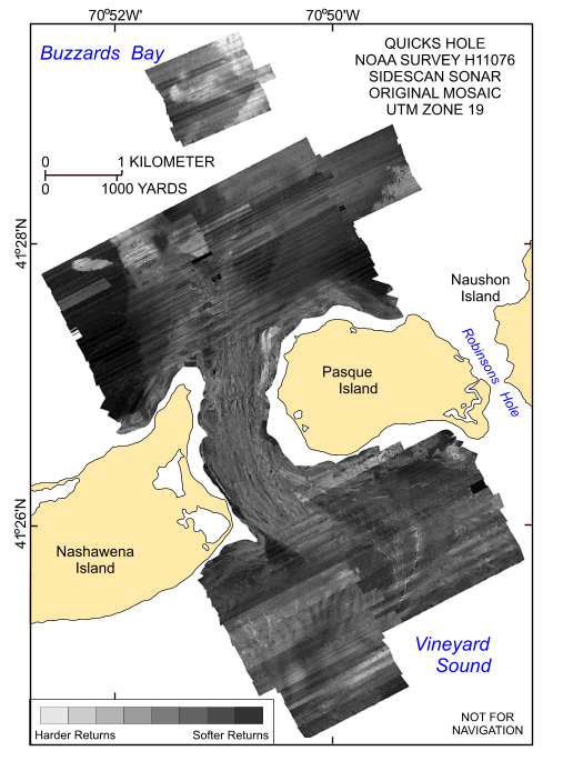 Figure 6. Original sidescan-sonar imagery from the National Oceanic and Atmospheric Administration survey of Quicks Hole, Massachusetts (Poppe and others, 2007a). Note the numerous tonal artifacts. Lighter tones represent harder returns and higher backscatter. 