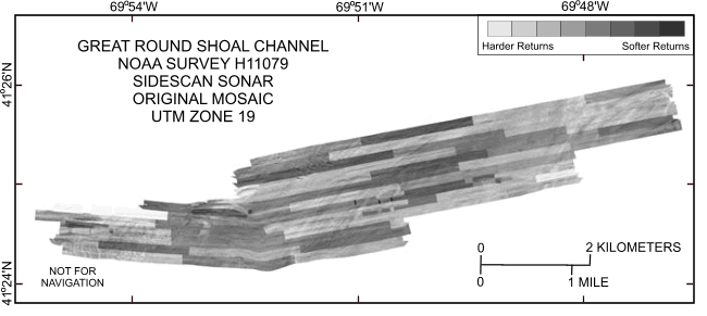 Figure 7. Original sidescan-sonar imagery from the National Oceanic and Atmospheric Administration survey of Great Round Shoal Channel (Poppe and others, 2007b). Note the numerous tonal artifacts. Lighter tones represent harder returns and higher backscatter. 
