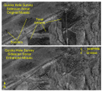 Figure 12. Detailed view of the original (top) and enhanced (bottom) sidescan-sonar mosaics from the northwestern part of the Quicks Hole survey. 