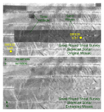 Figure 15. Detailed view of the original (left) and enhanced (right) sidescan-sonar mosaics from the western part of the Great Round Shoal Channel survey. 