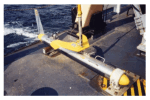 Figure 5. The Klein 5000 sidescan-sonar towfish shown on the deck of the National Oceanic and Atmospheric Administration Ship Thomas Jefferson. 