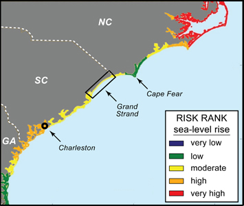 Map showing the risk from sea-level rise along the North Carolina to Georgia coast.