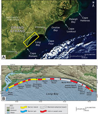 Figure 1.3. Satellite image showing the location of the Grand Strand study area and a map of the Grand Strand showing physiographic features.